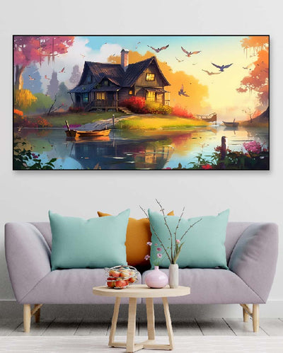 Beautiful House On The Lake Floating Frame Canvas Wall Painting 24 X 12 Inches