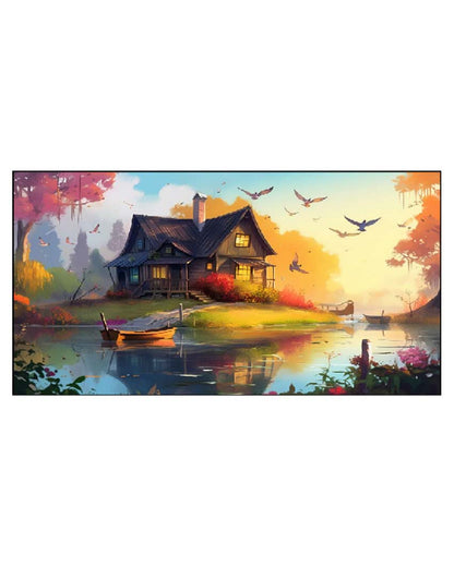 Beautiful House On The Lake Floating Frame Canvas Wall Painting 24 X 12 Inches