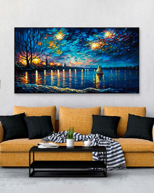 Sailboat Night Sky Floating Frame Canvas Wall Painting 24 X 12 Inches