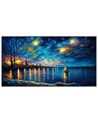 Sailboat Night Sky Floating Frame Canvas Wall Painting 24 X 12 Inches