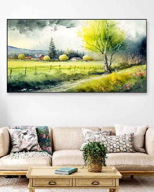 Green Field & Bloom Floating Frame Canvas & Acrylic Wall Painting 24 X 12 Inches