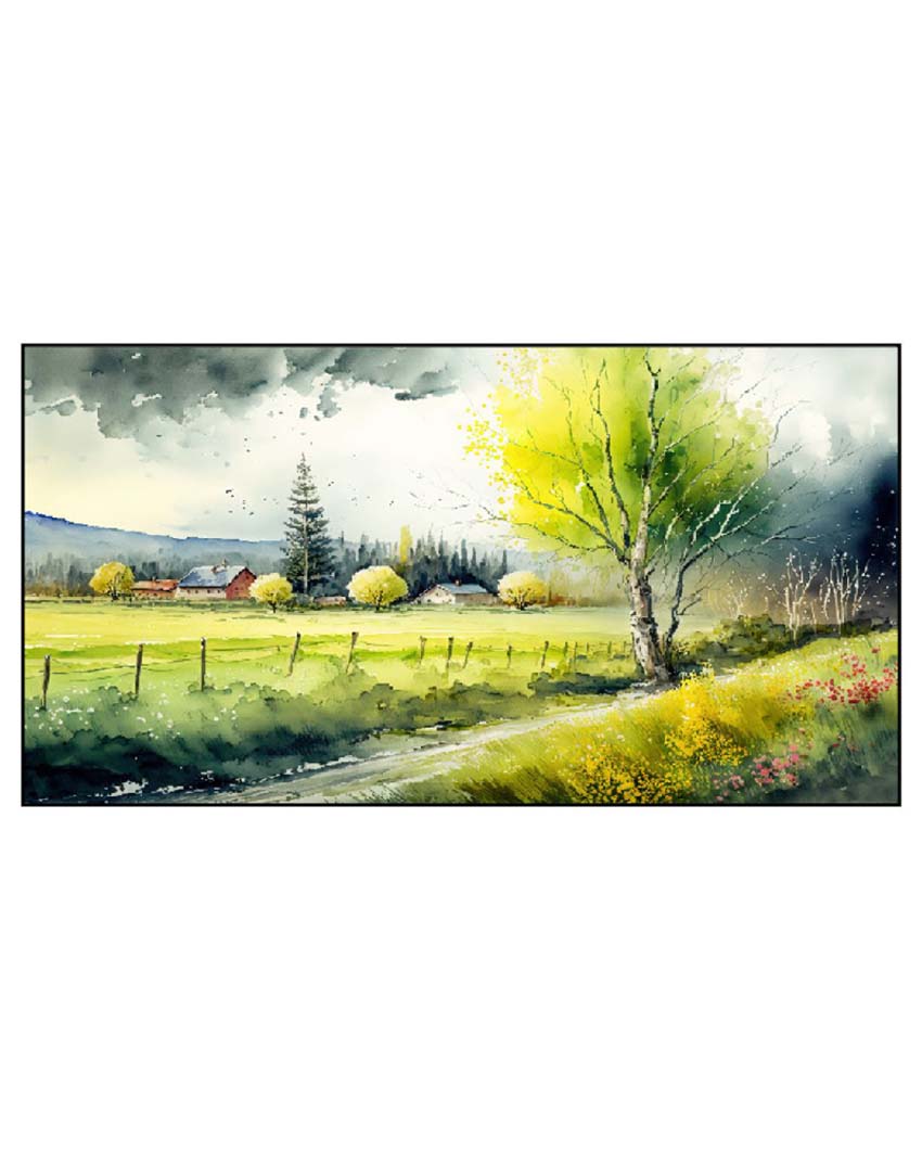Green Field & Bloom Floating Frame Canvas & Acrylic Wall Painting 24 X 12 Inches