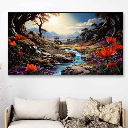 Beautiful Field Flowers Sunrise Frame Canvas Wall Painting 24 X 12 Inches