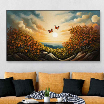 Cute Butterflies On Flowers With Sunrise Floating Frame Wall Painting 24 X 12 Inches