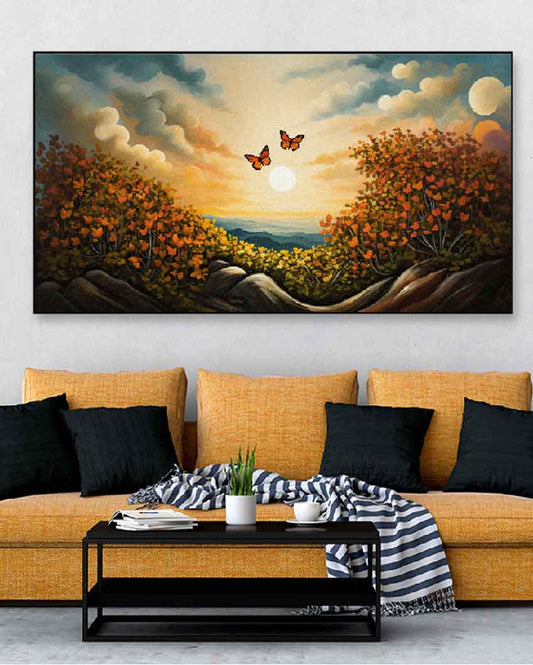 Cute Butterflies On Flowers With Sunrise Floating Frame Wall Painting 24 X 12 Inches