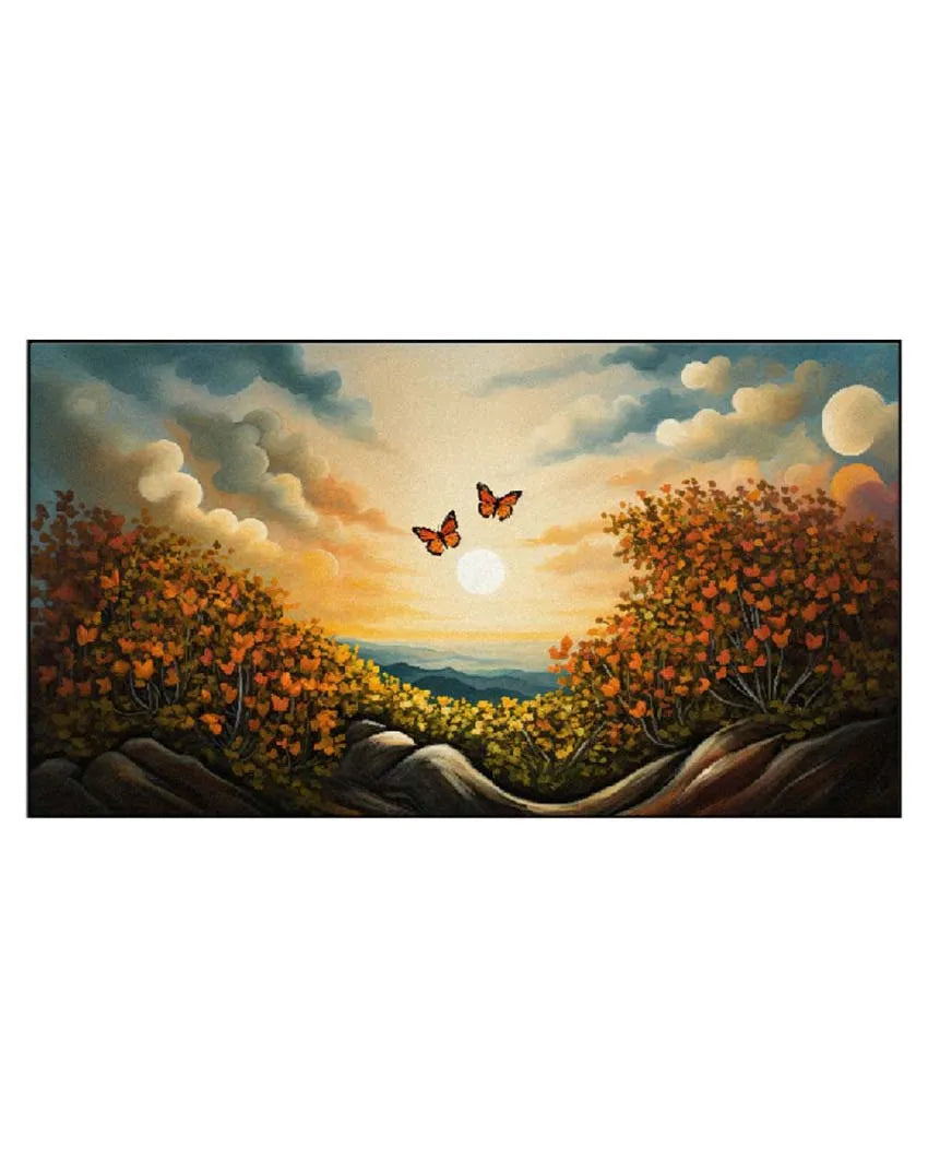 Cute Butterflies On Flowers With Sunrise Floating Frame Wall Painting 24 X 12 Inches