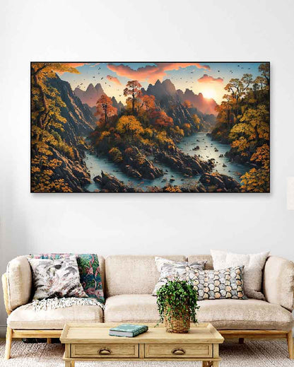 Nature Autumn Mountain Floating Frame Canvas Wall Painting 24 X 12 Inches