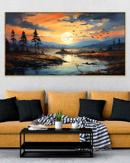 Beautiful River Side Sunset & Mountains Canvas Framed Wall Painting 24 X 12 Inches