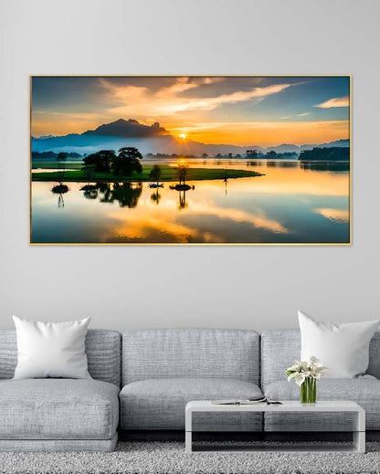 Nature Sunrise Over A Lake With Mountains Canvas Framed Wall Painting | 24 x 12 inches , 36 x 18 inches & 48 x 24 inches