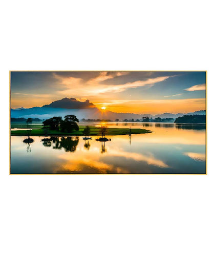 Nature Sunrise Over A Lake With Mountains Canvas Framed Wall Painting | 24 x 12 inches , 36 x 18 inches & 48 x 24 inches
