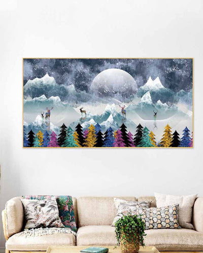 Multicolor Deer Amidst Snowy Peaks Canvas Framed Wall Painting