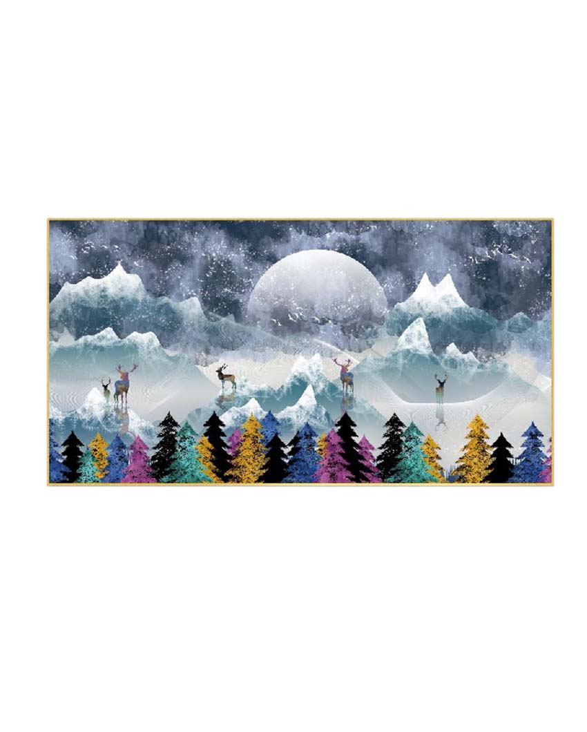 Multicolor Deer Amidst Snowy Peaks Canvas Framed Wall Painting | 24 x 12 inches , 36 x 18 inches & 48 x 24 inches