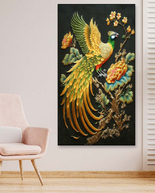 Golden Bird Sitting Flower Branch Canvas Framed Wall Painting | 24 x 12 inches , 36 x 18 inches & 48 x 24 inches