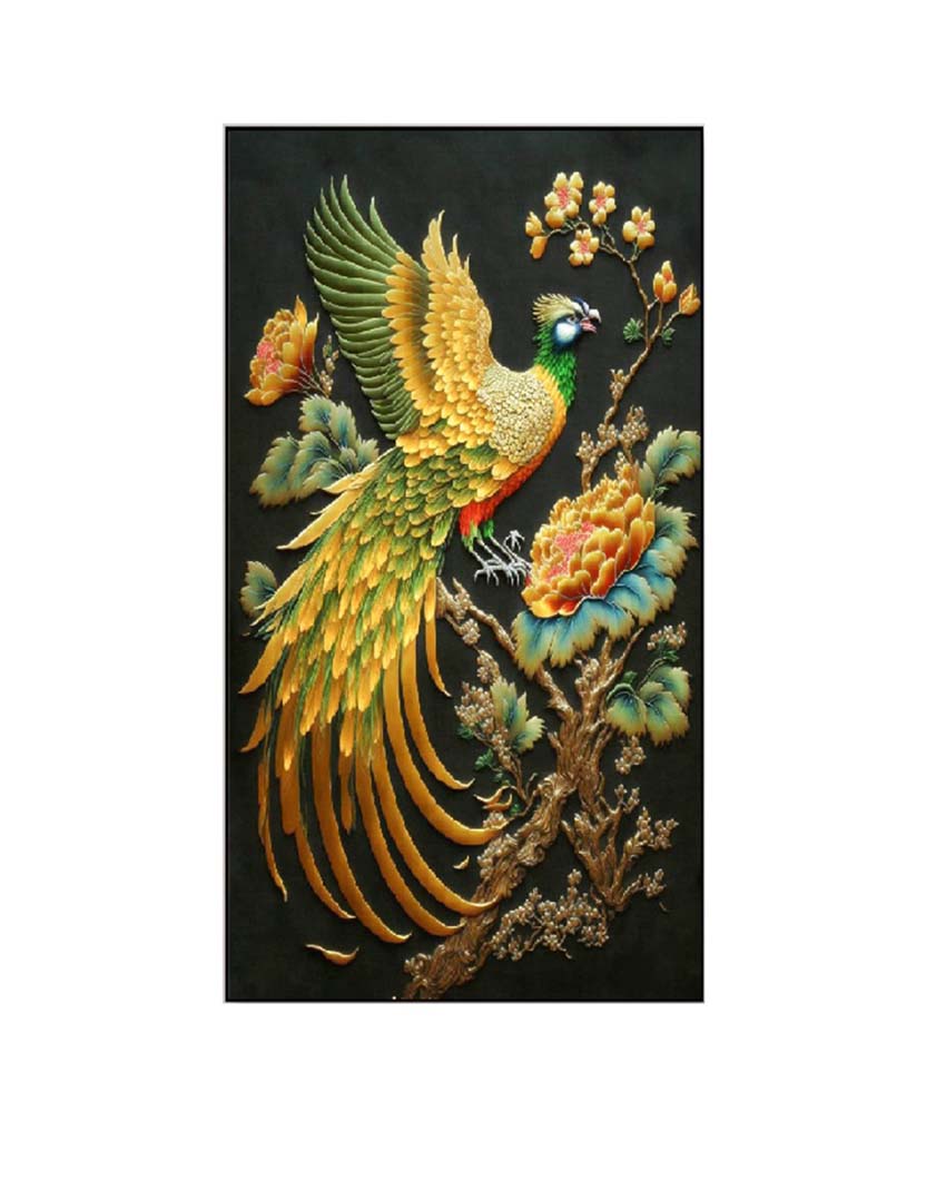 Golden Bird Sitting Flower Branch Canvas Framed Wall Painting | 24 x 12 inches , 36 x 18 inches & 48 x 24 inches