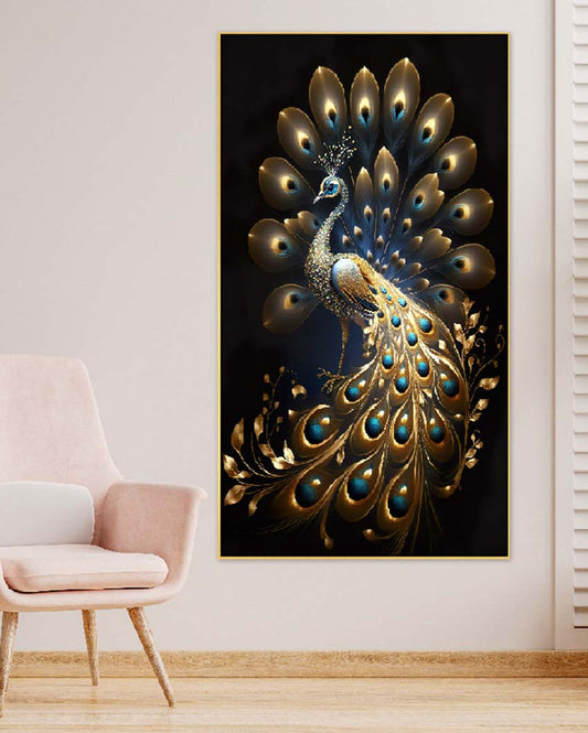 Panoramic Golden Peacock Design Canvas Framed Wall Painting | 24 x 12 inches , 36 x 18 inches & 48 x 24 inches