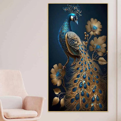 Modern Art Golden Peacock Oriental Luxury Canvas Framed Wall Painting | 24 x 12 inches , 36 x 18 inches & 48 x 24 inches