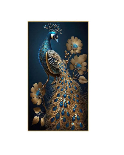 Modern Art Golden Peacock Oriental Luxury Canvas Framed Wall Painting | 24 x 12 inches , 36 x 18 inches & 48 x 24 inches