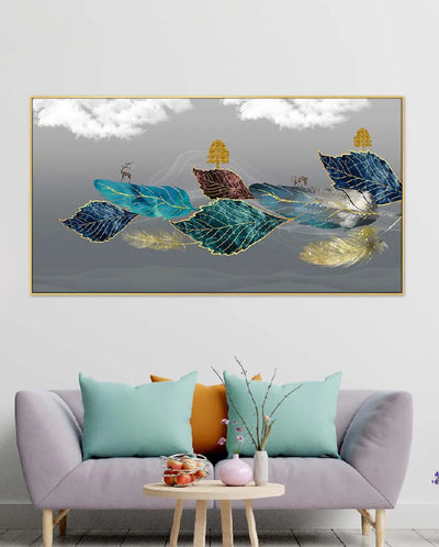 Acrylic Floral Feathers Leaf Floating Frame Canvas Wall Painting