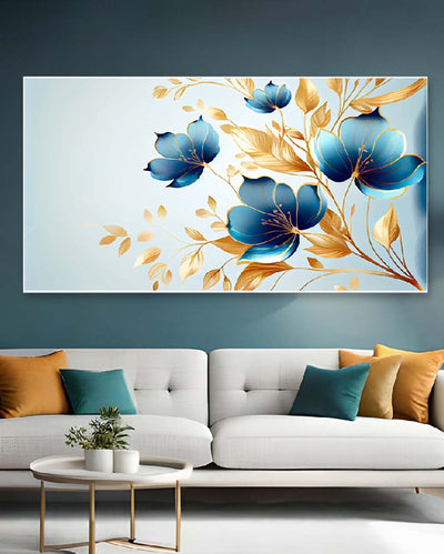 Elegant Blue And Golden Flower Floating Frame Wall Painting