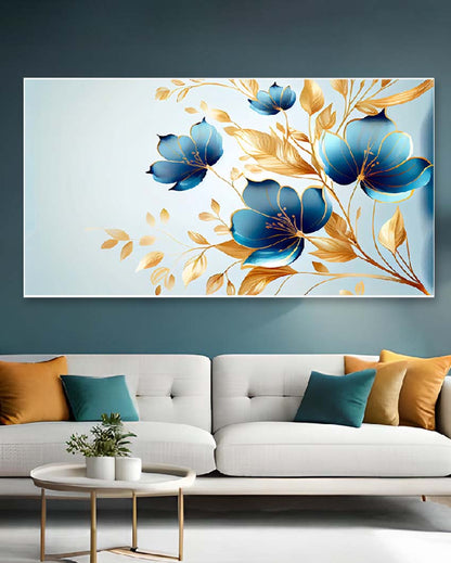 Elegant Blue And Golden Flower Floating Frame Wall Painting | 24 x 12 inches , 36 x 18 inches & 48 x 24 inches