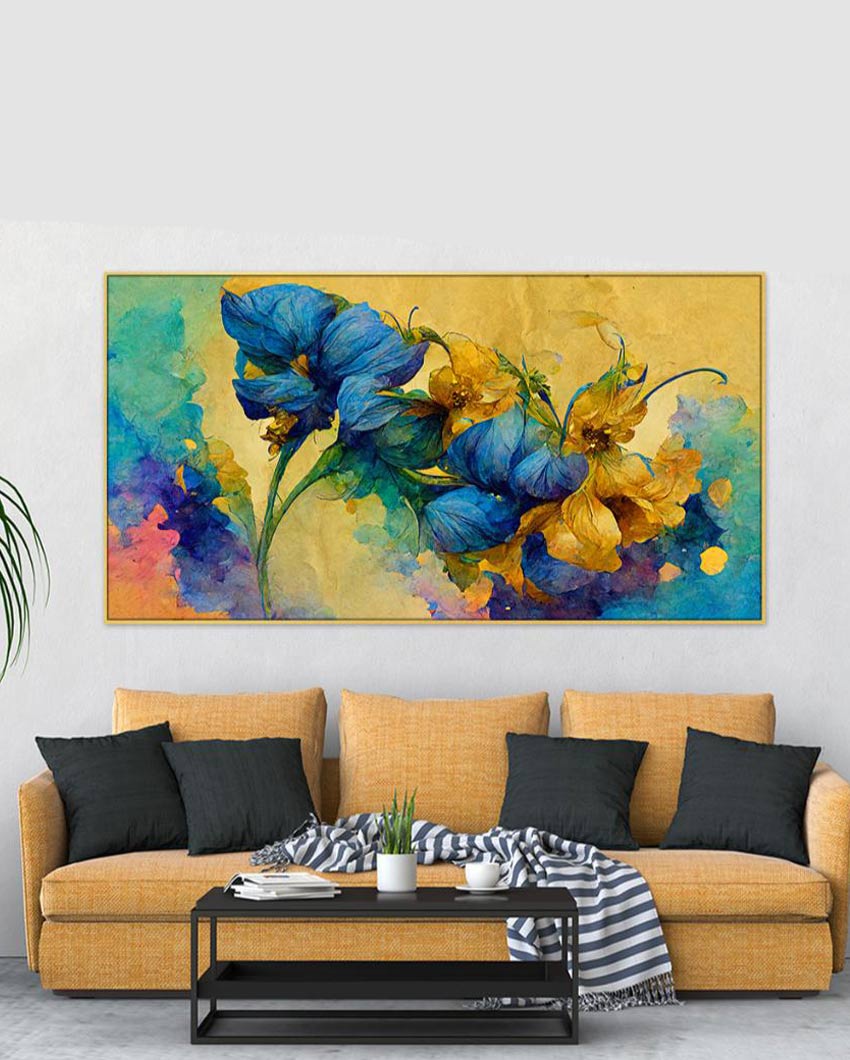 Abstract Blue and Gold Floral Floating Frame Wall Painting 24x12 inches