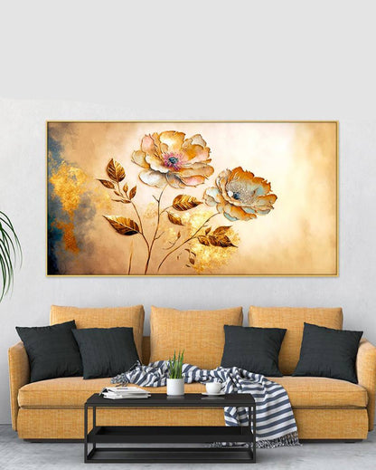 Golden Flower Abstract Floating Frame Wall Painting 24x12 inches