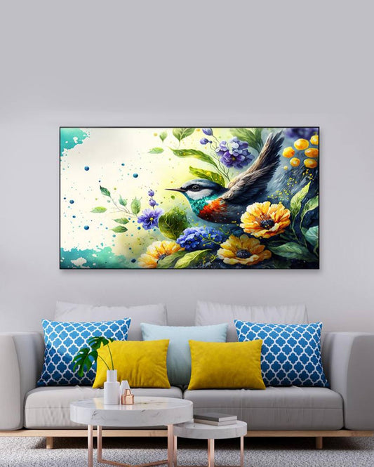 Adorable Bird with Flowers Illustration Floating Frame Wall Art Painting 24x12 inches