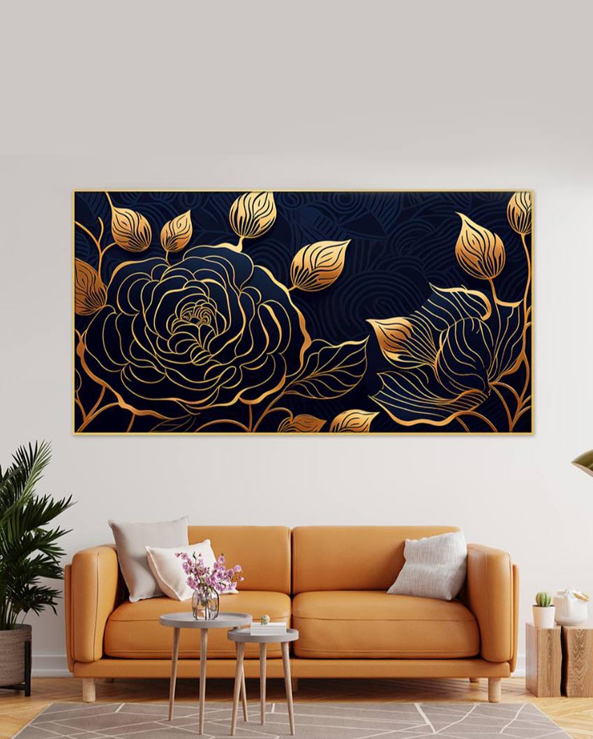 Gold Generative Luxury Rose Flowers Floating Canvas Frame Wall Painting 24x12 inches