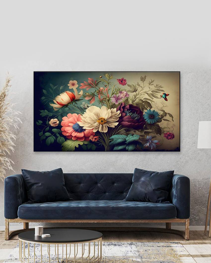Fantasy Vintage Flowers Bunch Floating Canvas Frame Wall Painting 24x12 inches