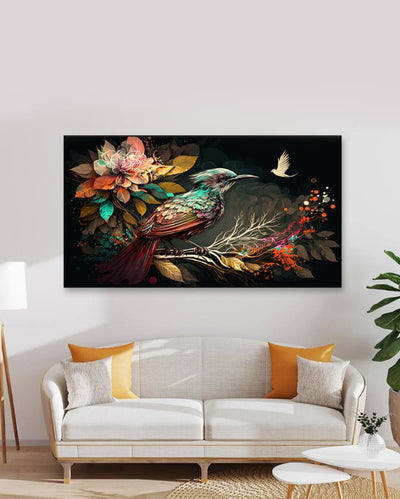 Colorful Bird with Flowers Branch Floating Frame Wall Painting 24x12 inches