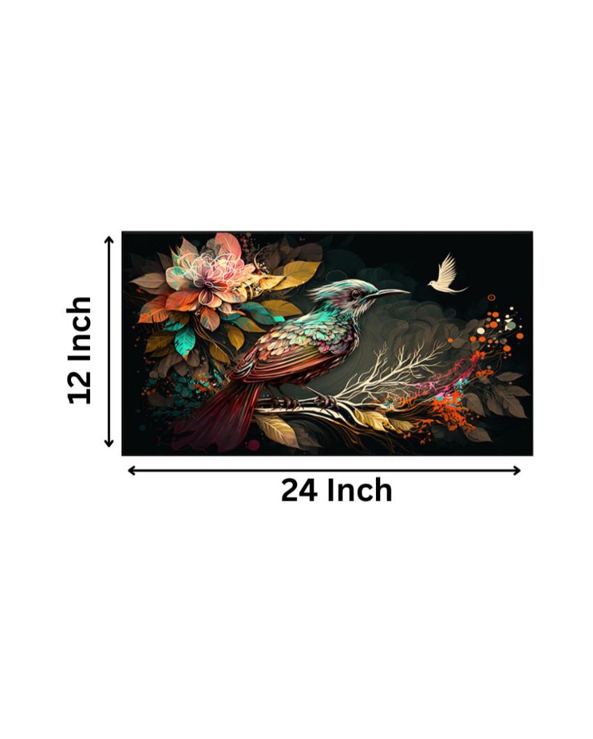 Colorful Bird with Flowers Branch Floating Frame Wall Painting 24x12 inches