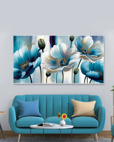 Wall Decoration Beautiful Blue and White Flowers Canvas Wall Painting 24x12 inches