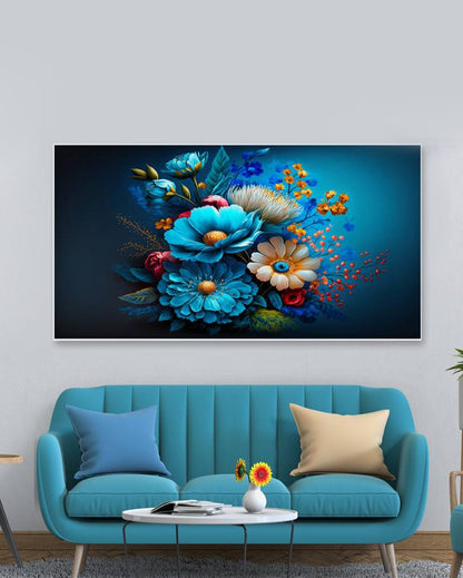 Blue Colorful Flowers Bunch Wall Decorative Canvas Frame Wall Painting 24x12 inches