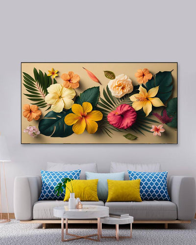 Flower with Hibiscus Leaves Canvas Frame Wall Painting 24x12 inches