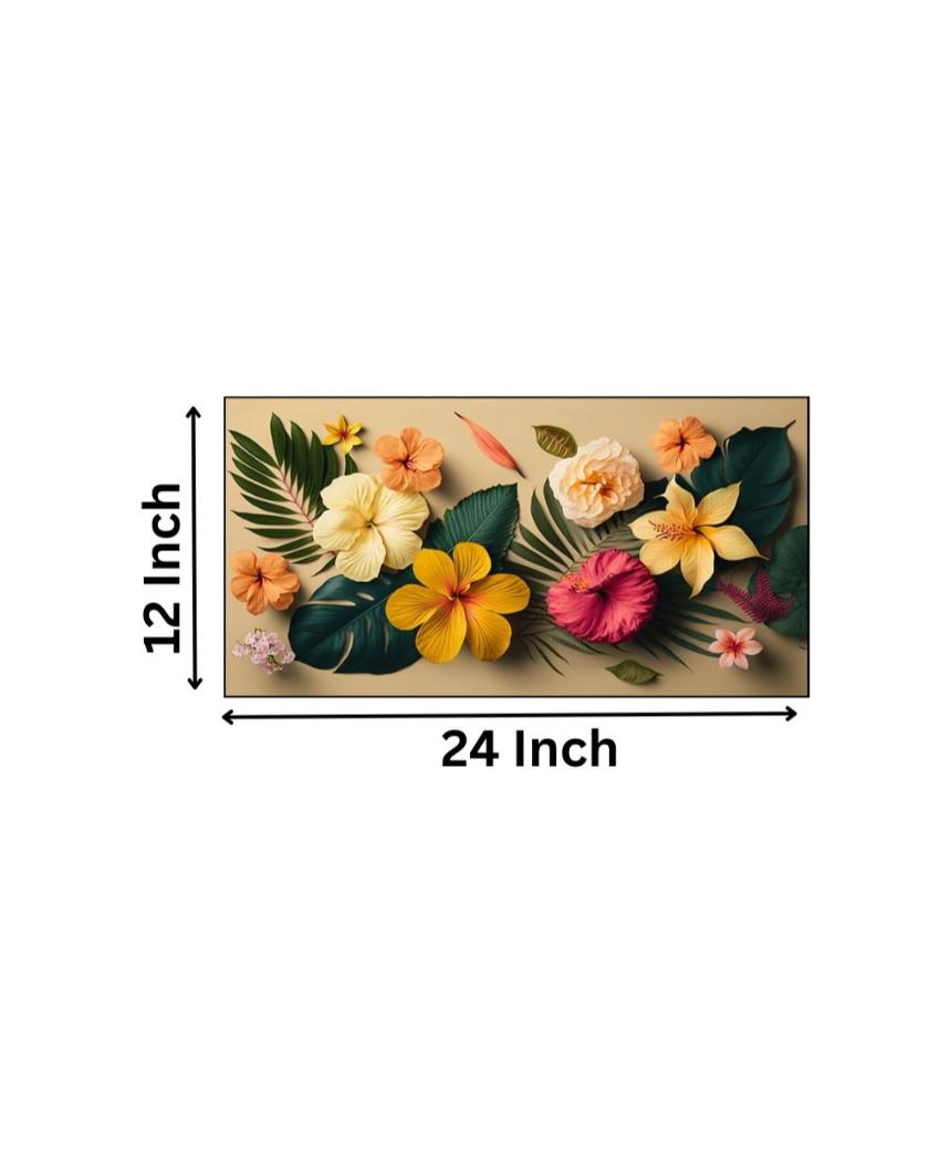 Flower with Hibiscus Leaves Canvas Frame Wall Painting 24x12 inches