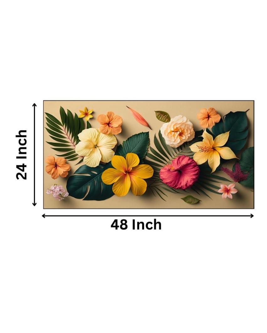 Flower with Hibiscus Leaves Canvas Frame Wall Painting 24x12 inches