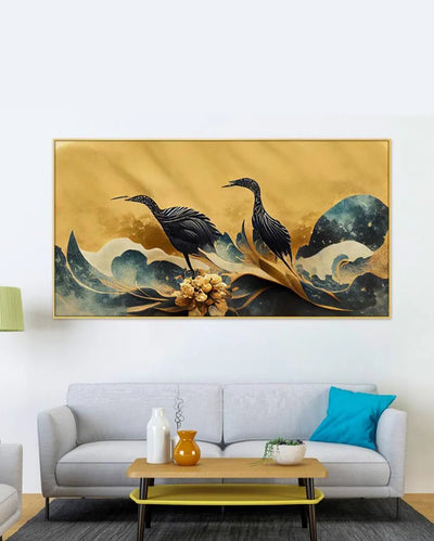 Crane Birds with Golden Flower Canvas Frame Wall Painting 24x12 inches