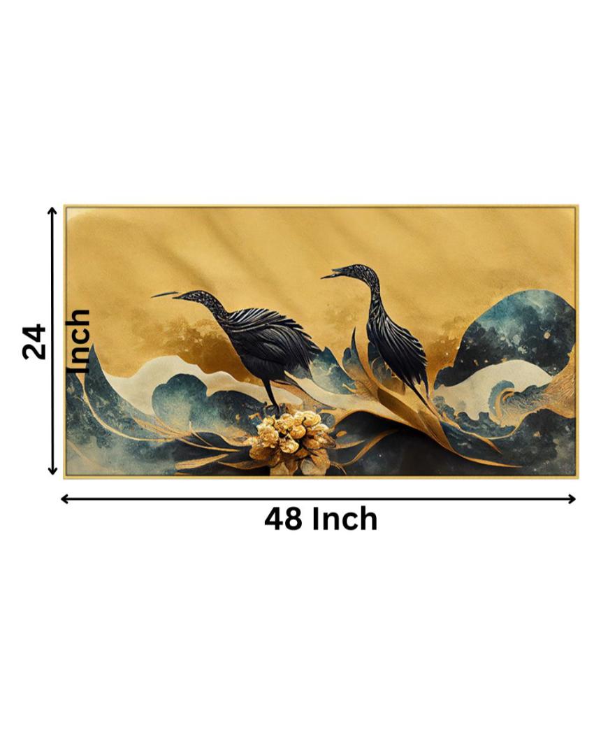 Crane Birds with Golden Flower Canvas Frame Wall Painting 24x12 inches