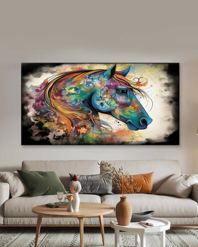 Drawing Room Colorful Horse Vastu Canvas Frame Wall Painting 24x12 inches