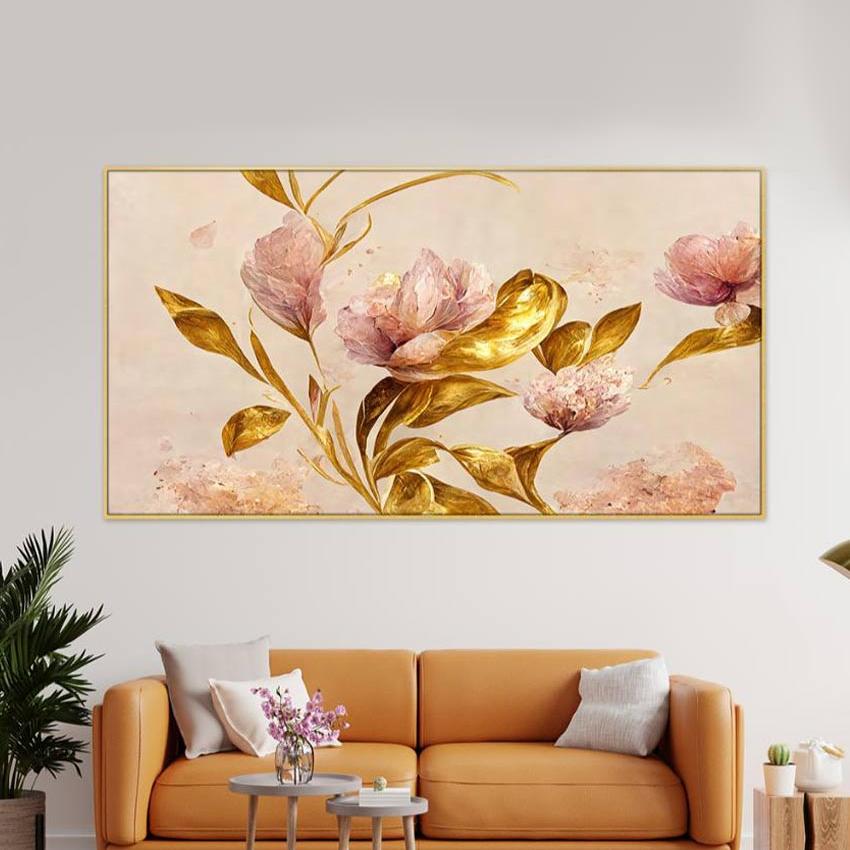 Pink Flowers with Golden Leaf Canvas Fame Wall Painting 24x12 inches