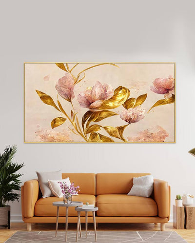 Pink Flowers with Golden Leaf Canvas Fame Wall Painting 24x12 inches