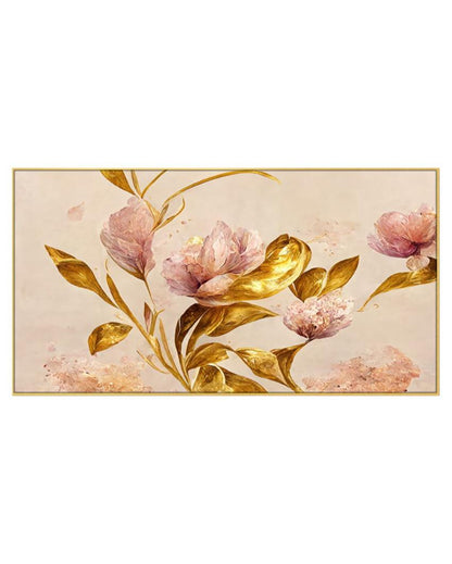 Pink Flowers with Golden Leaf Canvas Fame Wall Painting 24x12 inches