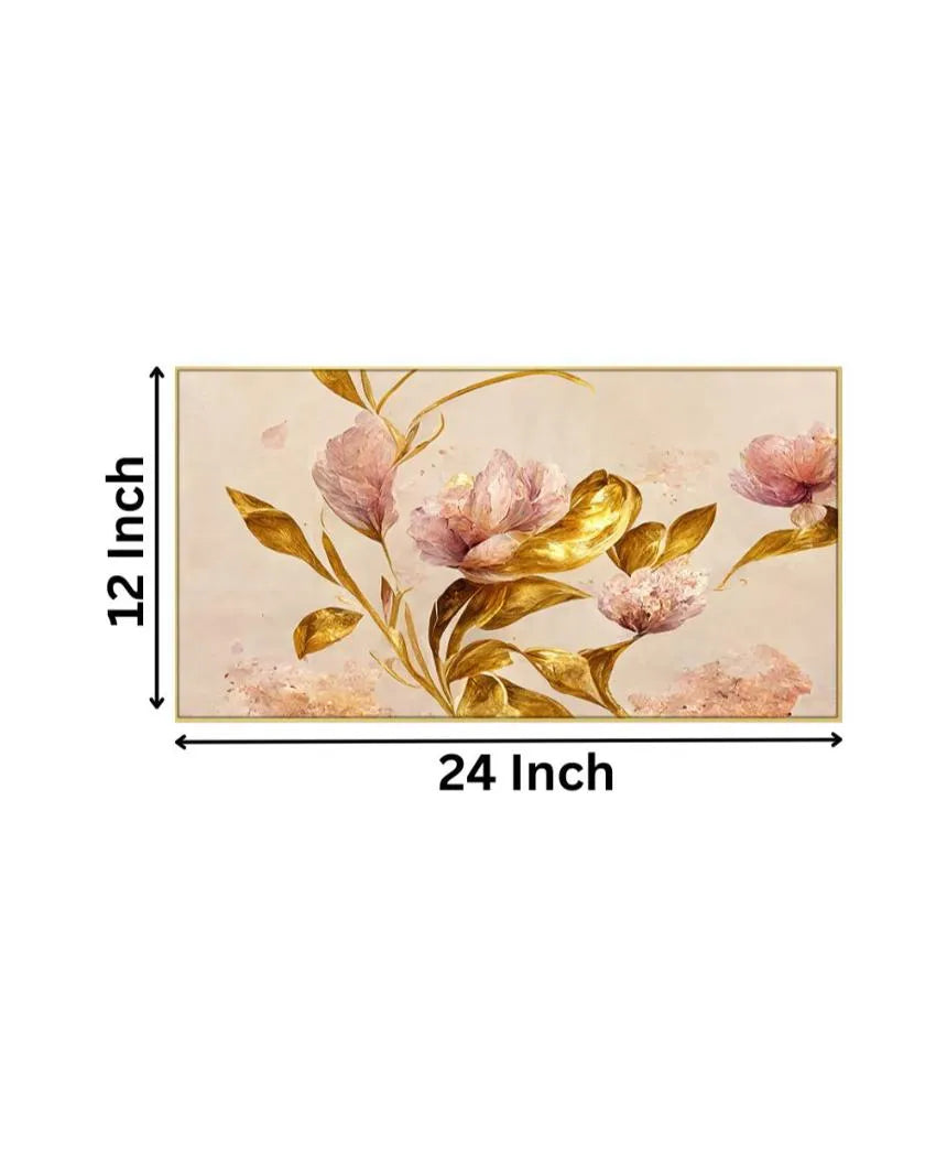 Pink Flowers with Golden Leaf Canvas Fame Wall Painting 24x12 inches