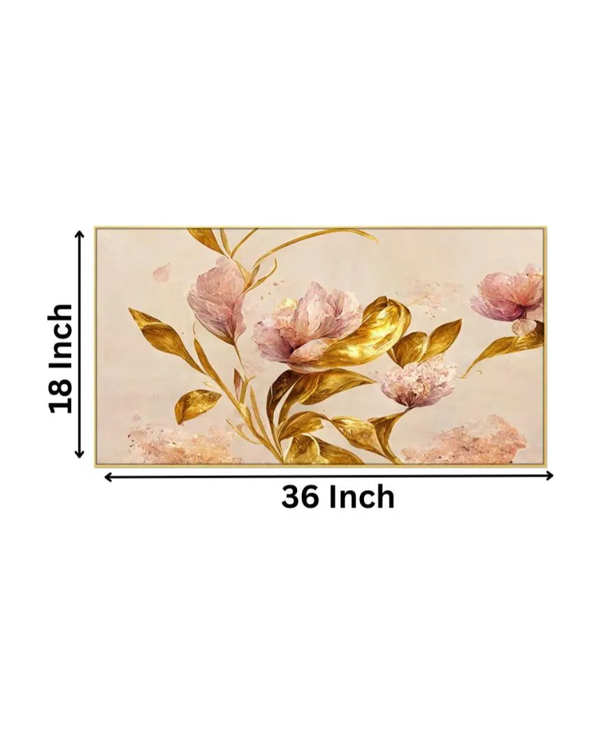 Pink Flowers with Golden Leaf Canvas Fame Wall Painting 24x12 inches