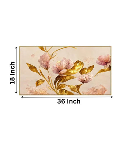 Pink Flowers with Golden Leaf Canvas Fame Wall Painting 24x12 inches