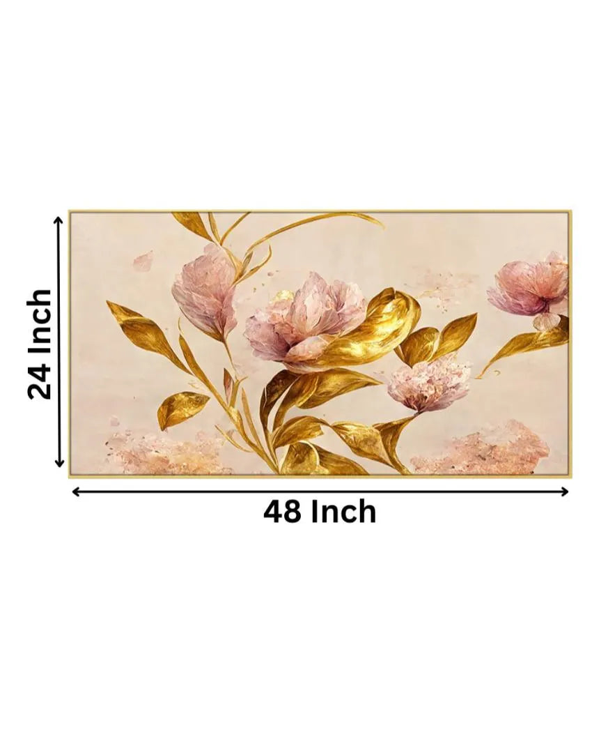 Pink Flowers with Golden Leaf Canvas Fame Wall Painting 24x12 inches