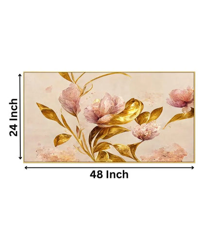 Pink Flowers with Golden Leaf Canvas Fame Wall Painting 24x12 inches