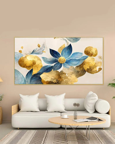 Blue Flowers with Golden Leaf Canvas Frame Wall Painting 24x12 inches