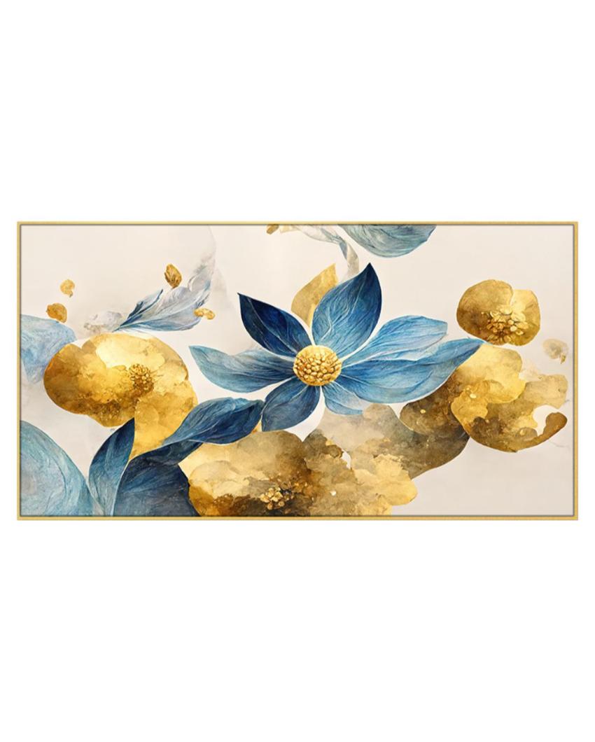 Blue Flowers with Golden Leaf Canvas Frame Wall Painting 24x12 inches