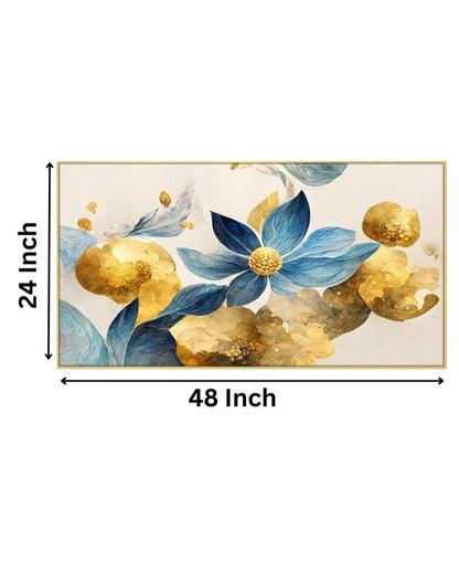 Blue Flowers with Golden Leaf Canvas Frame Wall Painting 24x12 inches